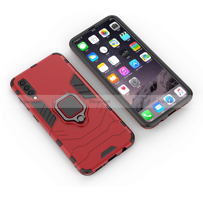 Silicone Matte Finish and Plastic Back Cover Case with Magnetic Finger Ring Stand KC1 for Samsung Galaxy A50S Red