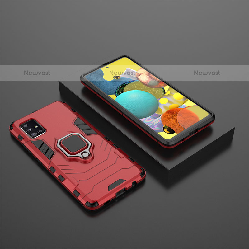 Silicone Matte Finish and Plastic Back Cover Case with Magnetic Finger Ring Stand KC1 for Samsung Galaxy A51 4G Red
