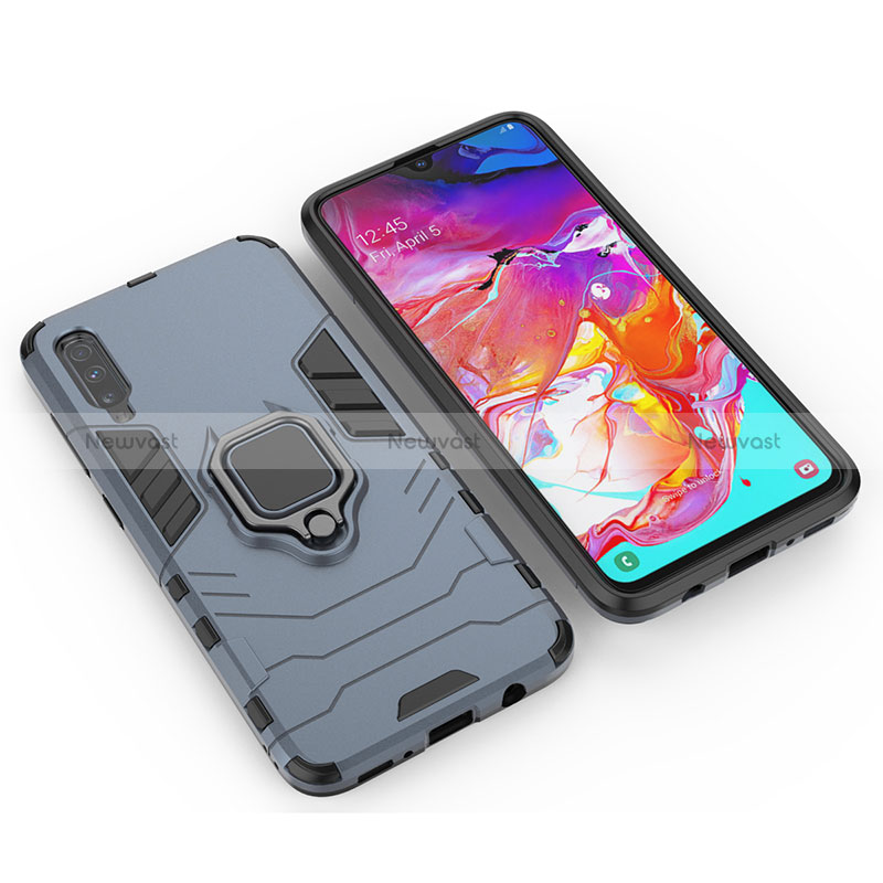 Silicone Matte Finish and Plastic Back Cover Case with Magnetic Finger Ring Stand KC1 for Samsung Galaxy A70 Blue