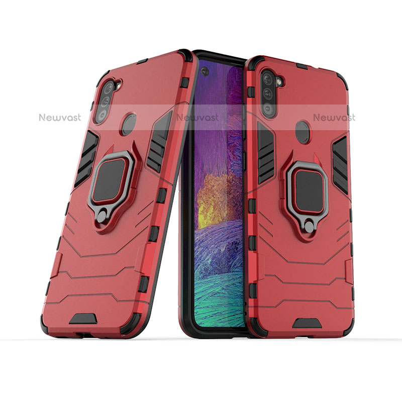 Silicone Matte Finish and Plastic Back Cover Case with Magnetic Finger Ring Stand KC1 for Samsung Galaxy M11 Red