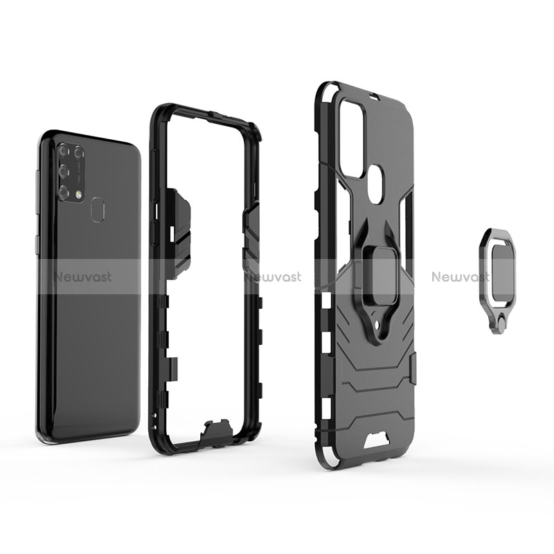 Silicone Matte Finish and Plastic Back Cover Case with Magnetic Finger Ring Stand KC1 for Samsung Galaxy M21s