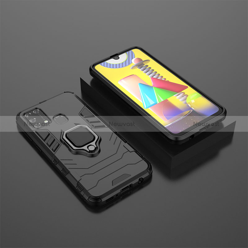 Silicone Matte Finish and Plastic Back Cover Case with Magnetic Finger Ring Stand KC1 for Samsung Galaxy M21s Black