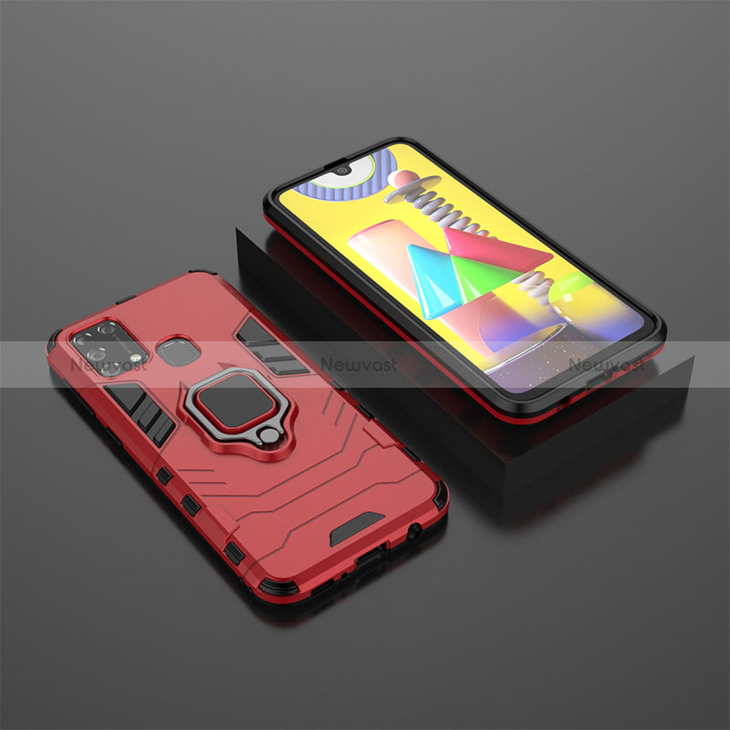 Silicone Matte Finish and Plastic Back Cover Case with Magnetic Finger Ring Stand KC1 for Samsung Galaxy M21s Red