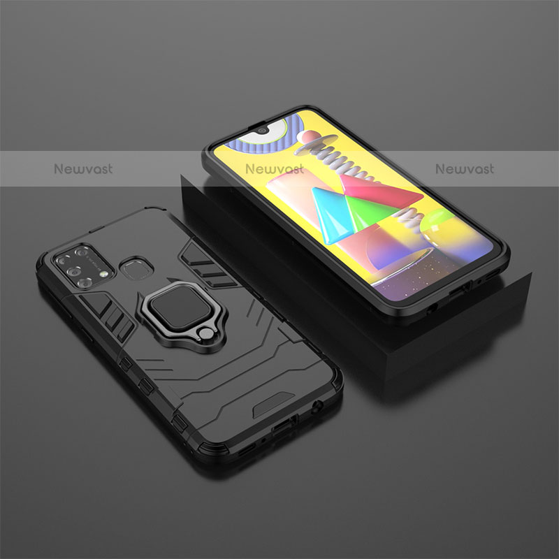 Silicone Matte Finish and Plastic Back Cover Case with Magnetic Finger Ring Stand KC1 for Samsung Galaxy M31