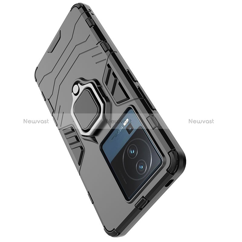 Silicone Matte Finish and Plastic Back Cover Case with Magnetic Finger Ring Stand KC1 for Vivo iQOO Neo7 5G