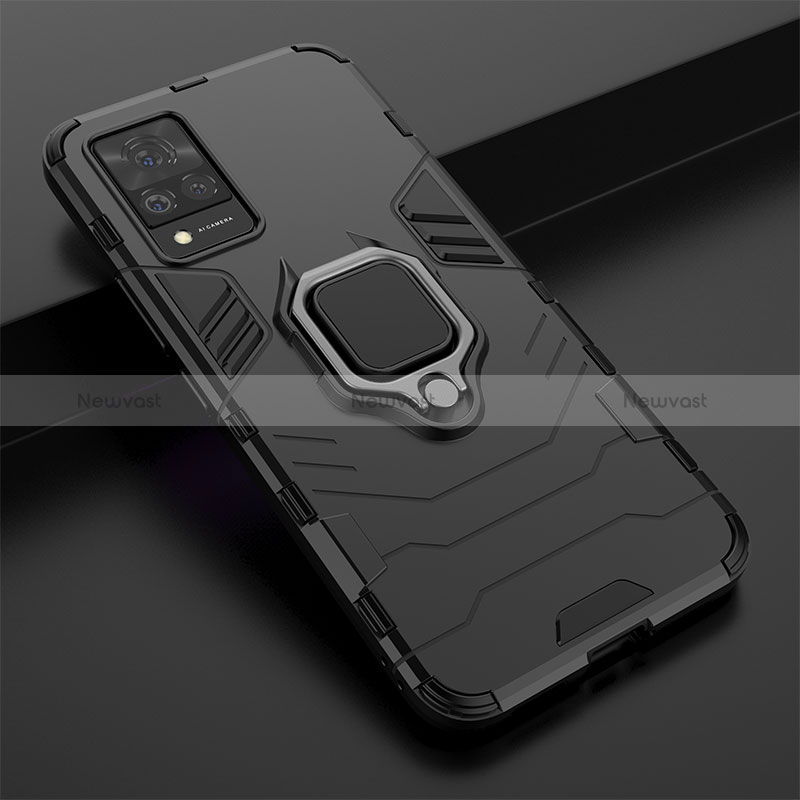 Silicone Matte Finish and Plastic Back Cover Case with Magnetic Finger Ring Stand KC1 for Vivo V21 5G