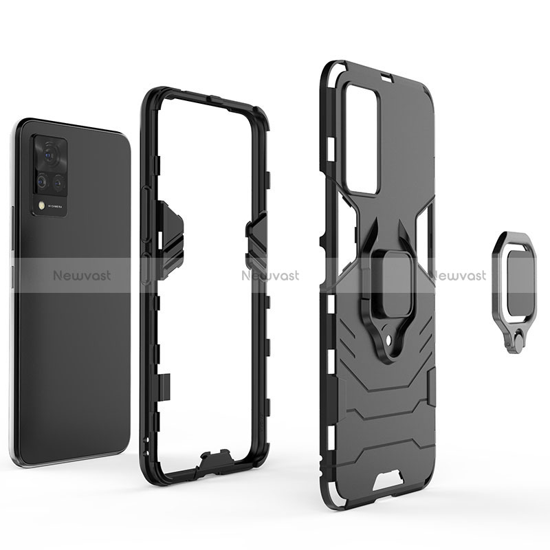 Silicone Matte Finish and Plastic Back Cover Case with Magnetic Finger Ring Stand KC1 for Vivo V21 5G