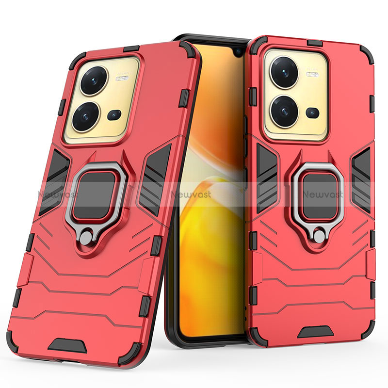 Silicone Matte Finish and Plastic Back Cover Case with Magnetic Finger Ring Stand KC1 for Vivo V25 5G Red