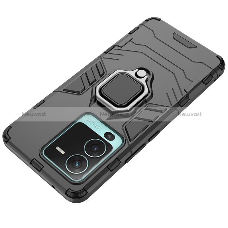Silicone Matte Finish and Plastic Back Cover Case with Magnetic Finger Ring Stand KC1 for Vivo V25 Pro 5G