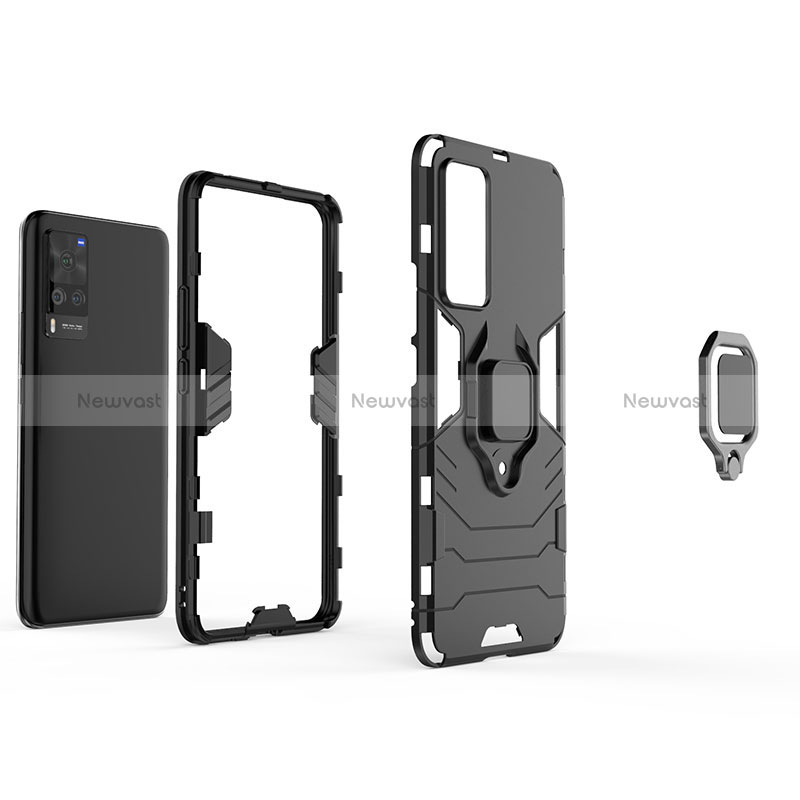 Silicone Matte Finish and Plastic Back Cover Case with Magnetic Finger Ring Stand KC1 for Vivo X60 Pro 5G