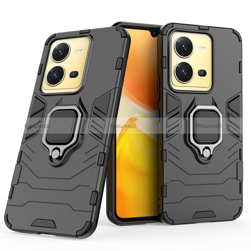 Silicone Matte Finish and Plastic Back Cover Case with Magnetic Finger Ring Stand KC1 for Vivo X80 Lite 5G