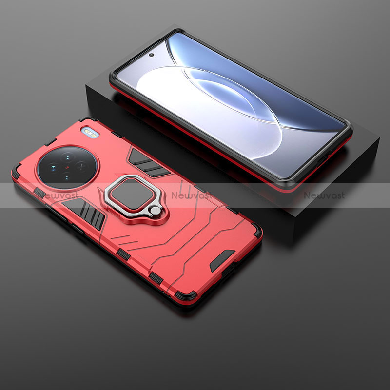 Silicone Matte Finish and Plastic Back Cover Case with Magnetic Finger Ring Stand KC1 for Vivo X90 5G