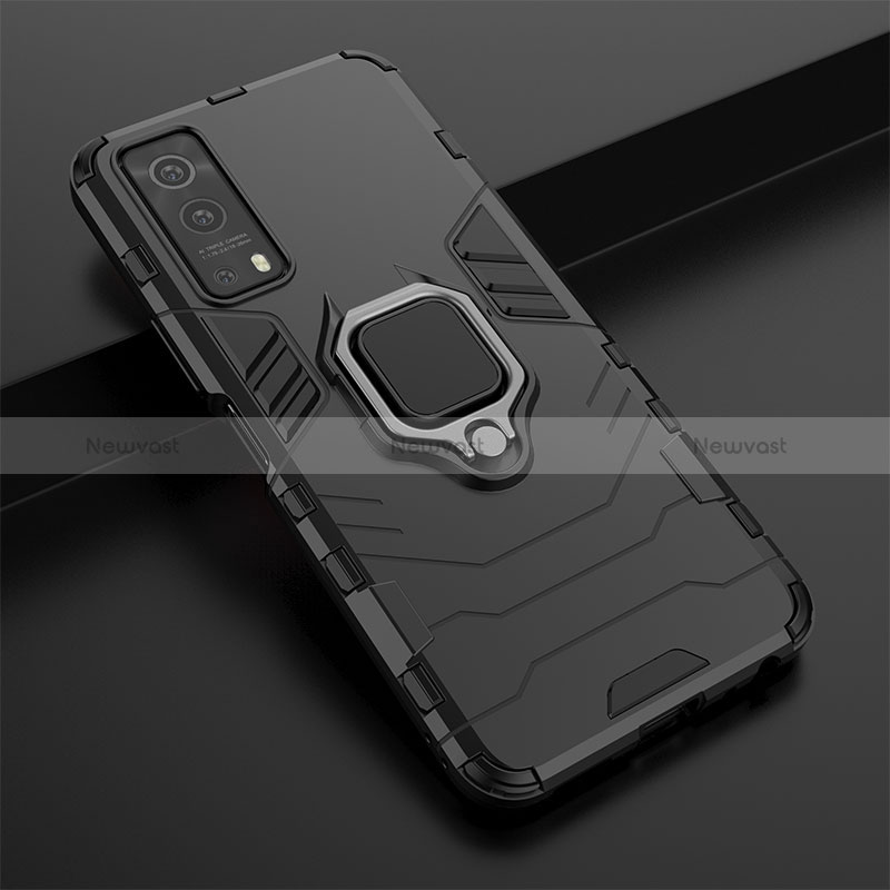 Silicone Matte Finish and Plastic Back Cover Case with Magnetic Finger Ring Stand KC1 for Vivo Y75s 5G