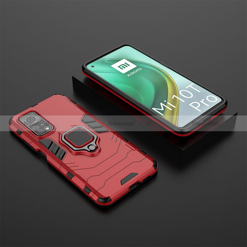 Silicone Matte Finish and Plastic Back Cover Case with Magnetic Finger Ring Stand KC1 for Xiaomi Mi 10T 5G