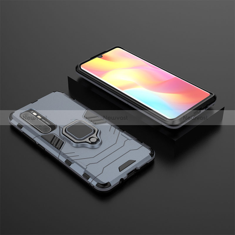 Silicone Matte Finish and Plastic Back Cover Case with Magnetic Finger Ring Stand KC1 for Xiaomi Mi Note 10 Lite Blue