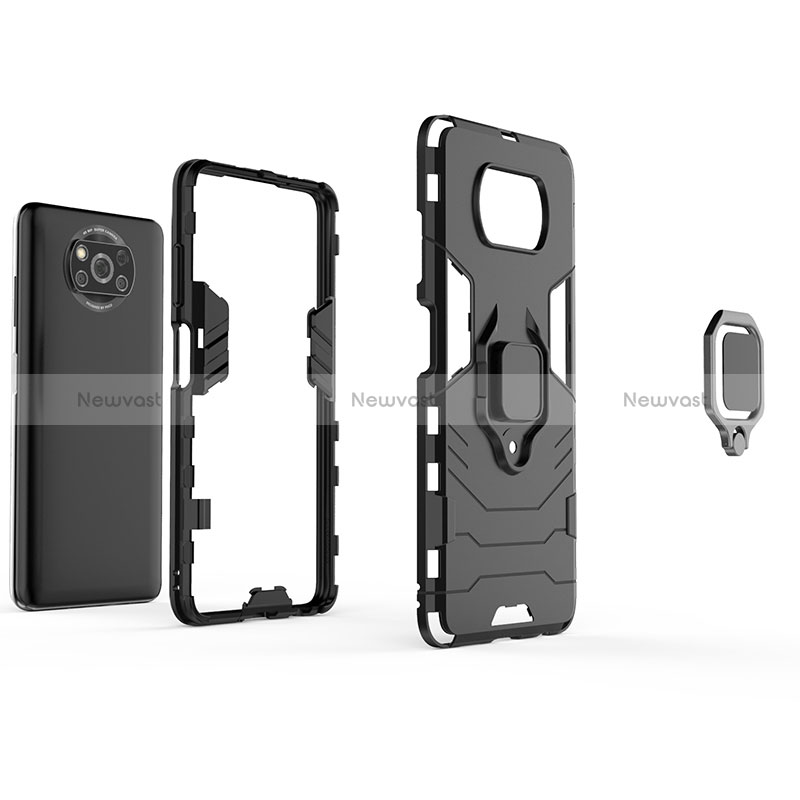 Silicone Matte Finish and Plastic Back Cover Case with Magnetic Finger Ring Stand KC1 for Xiaomi Poco X3 NFC