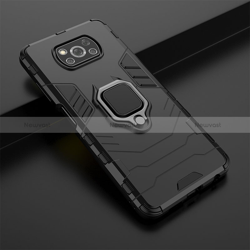Silicone Matte Finish and Plastic Back Cover Case with Magnetic Finger Ring Stand KC1 for Xiaomi Poco X3 Pro