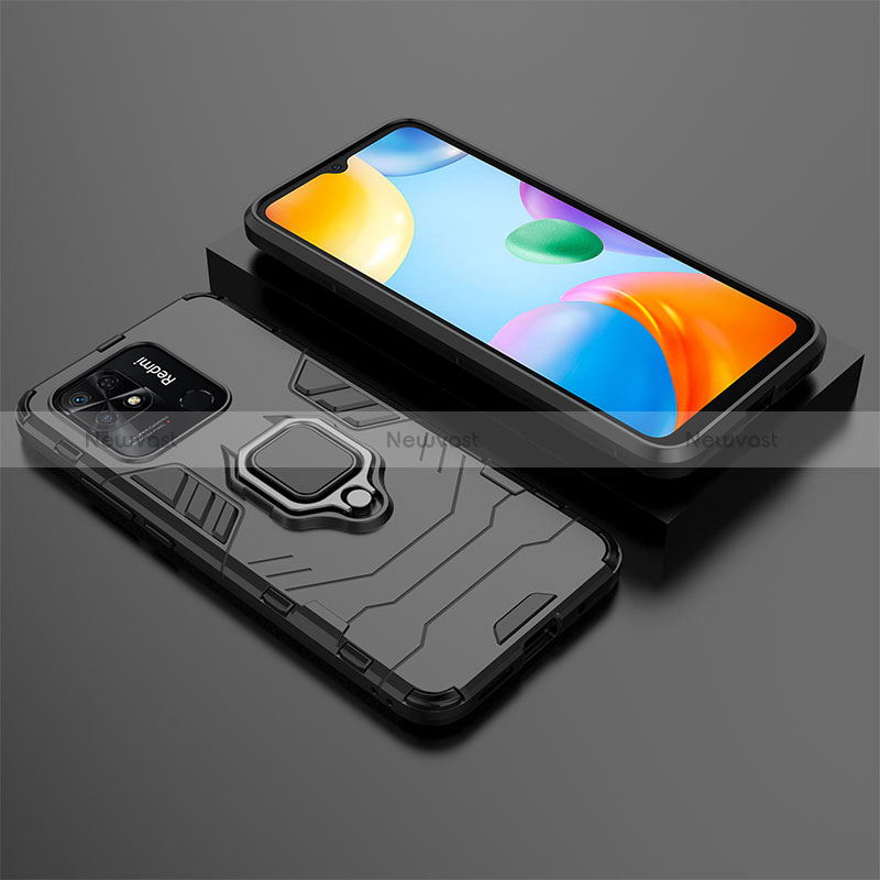 Silicone Matte Finish and Plastic Back Cover Case with Magnetic Finger Ring Stand KC1 for Xiaomi Redmi 10 Power