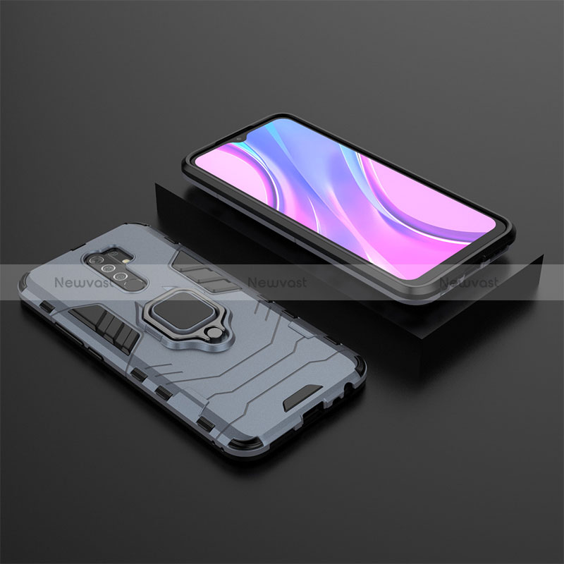 Silicone Matte Finish and Plastic Back Cover Case with Magnetic Finger Ring Stand KC1 for Xiaomi Redmi 9 Blue