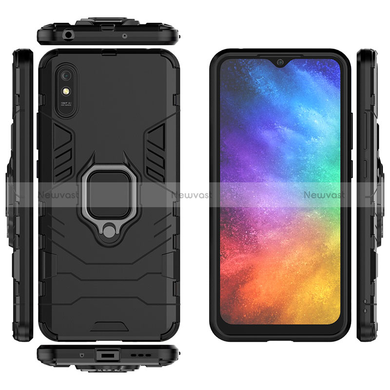 Silicone Matte Finish and Plastic Back Cover Case with Magnetic Finger Ring Stand KC1 for Xiaomi Redmi 9AT