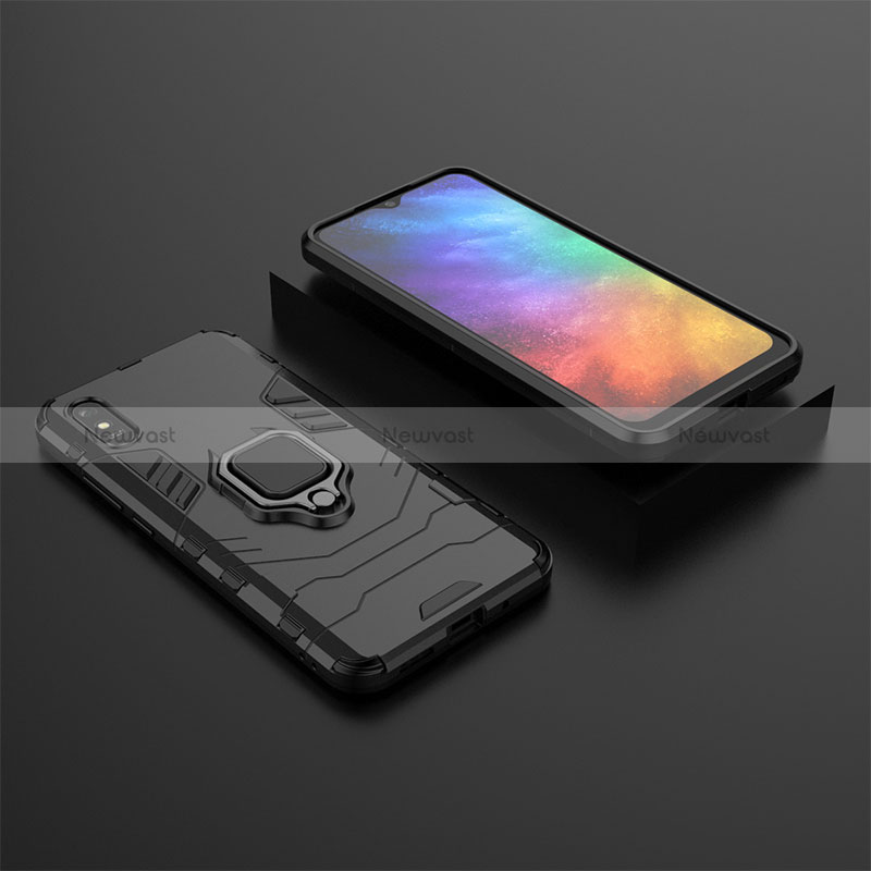 Silicone Matte Finish and Plastic Back Cover Case with Magnetic Finger Ring Stand KC1 for Xiaomi Redmi 9AT Black