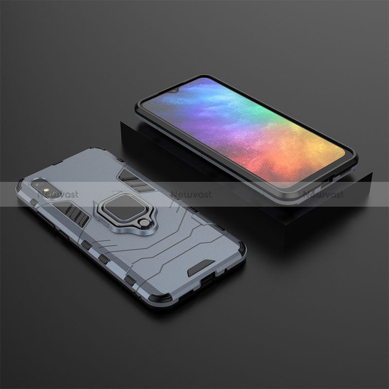 Silicone Matte Finish and Plastic Back Cover Case with Magnetic Finger Ring Stand KC1 for Xiaomi Redmi 9AT Blue