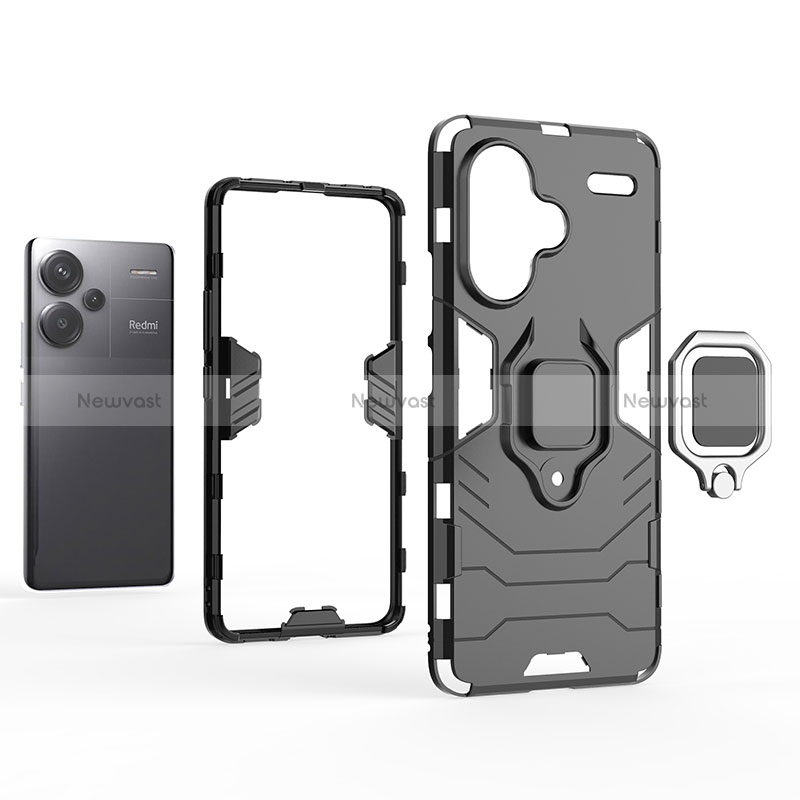 Silicone Matte Finish and Plastic Back Cover Case with Magnetic Finger Ring Stand KC1 for Xiaomi Redmi Note 13 Pro+ Plus 5G