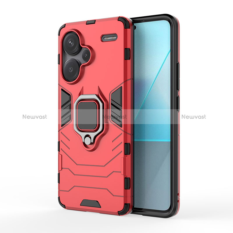 Silicone Matte Finish and Plastic Back Cover Case with Magnetic Finger Ring Stand KC1 for Xiaomi Redmi Note 13 Pro+ Plus 5G Red