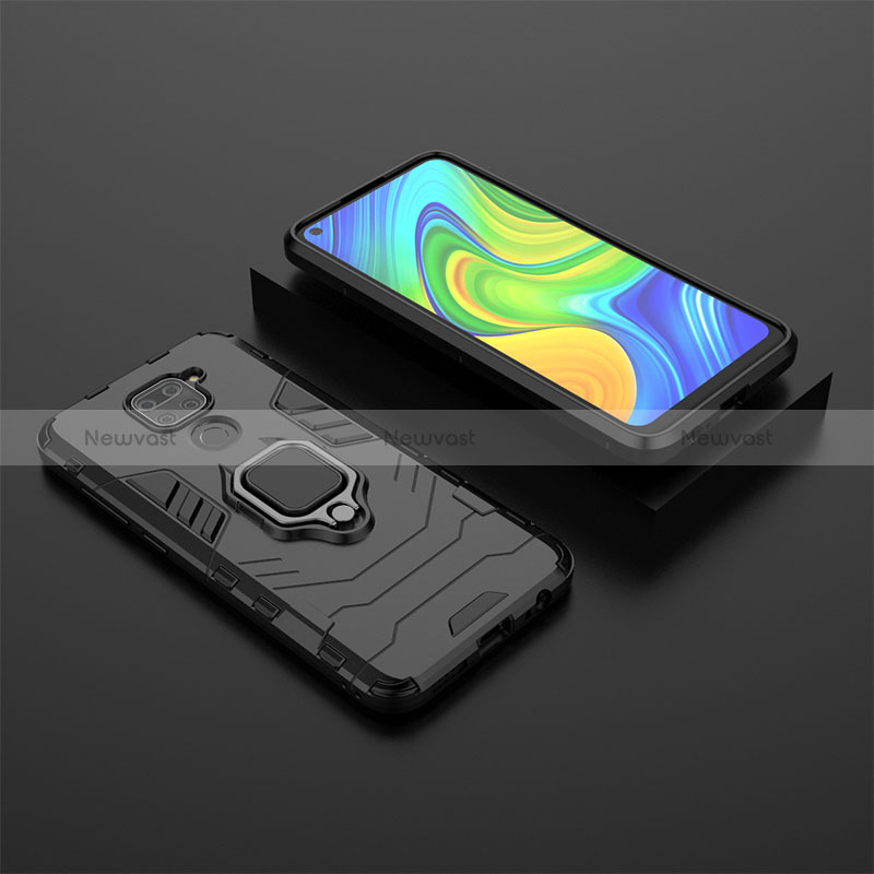 Silicone Matte Finish and Plastic Back Cover Case with Magnetic Finger Ring Stand KC1 for Xiaomi Redmi Note 9