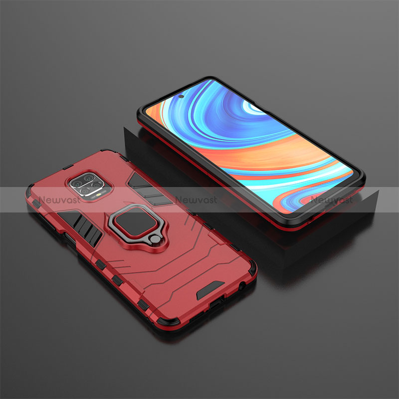 Silicone Matte Finish and Plastic Back Cover Case with Magnetic Finger Ring Stand KC1 for Xiaomi Redmi Note 9 Pro