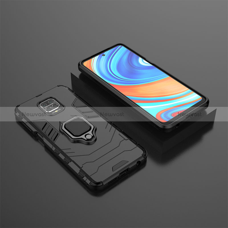 Silicone Matte Finish and Plastic Back Cover Case with Magnetic Finger Ring Stand KC1 for Xiaomi Redmi Note 9 Pro Black