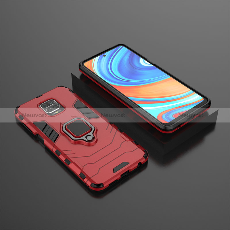 Silicone Matte Finish and Plastic Back Cover Case with Magnetic Finger Ring Stand KC1 for Xiaomi Redmi Note 9 Pro Max