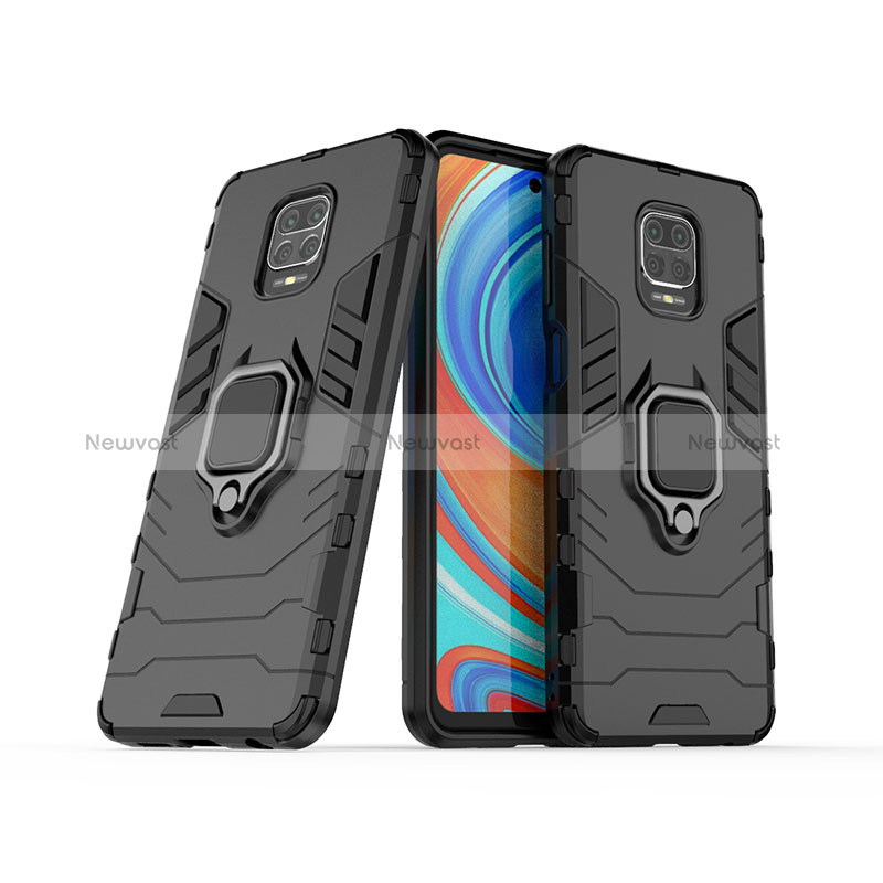 Silicone Matte Finish and Plastic Back Cover Case with Magnetic Finger Ring Stand KC1 for Xiaomi Redmi Note 9 Pro Max