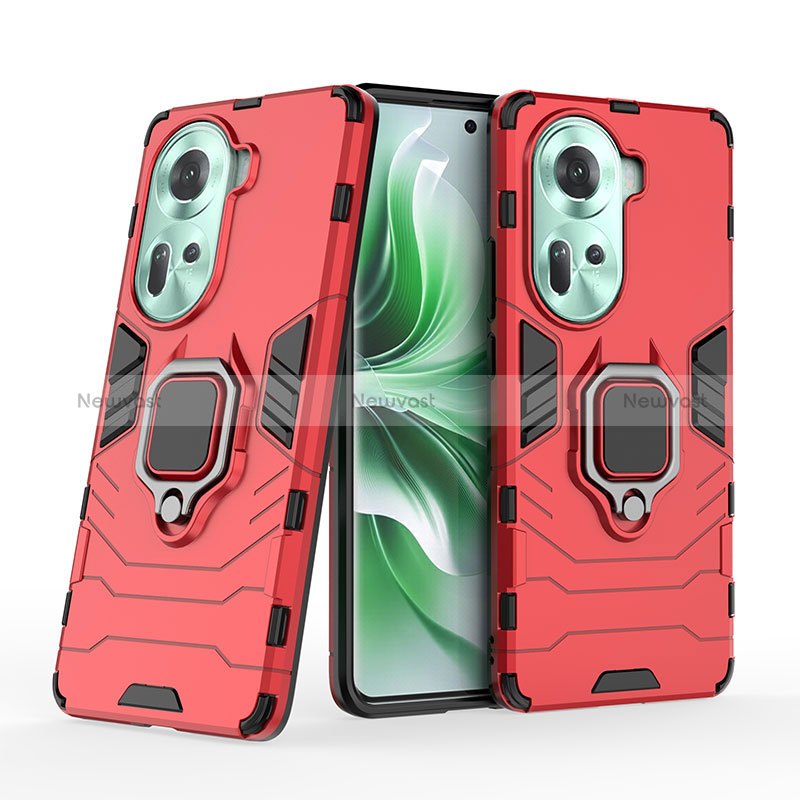 Silicone Matte Finish and Plastic Back Cover Case with Magnetic Finger Ring Stand KC2 for Oppo Reno11 5G
