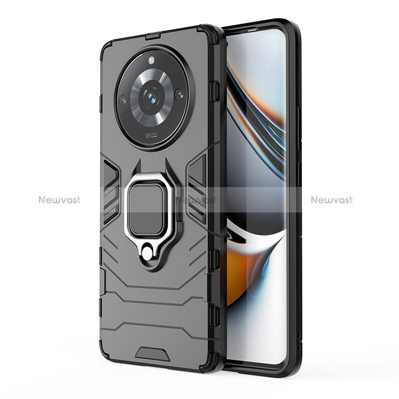 Silicone Matte Finish and Plastic Back Cover Case with Magnetic Finger Ring Stand KC2 for Realme 11 Pro+ Plus 5G Black