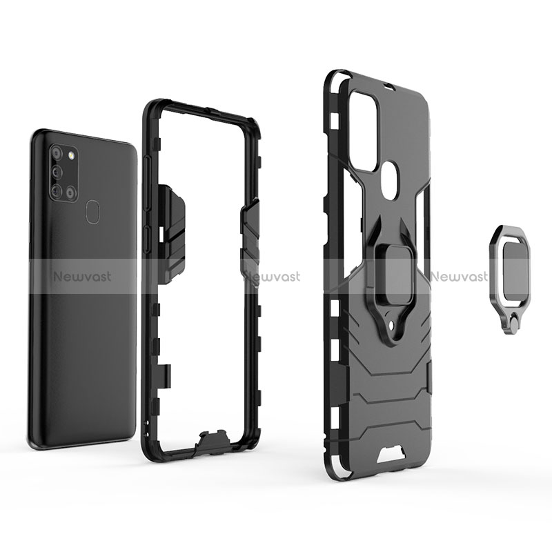 Silicone Matte Finish and Plastic Back Cover Case with Magnetic Finger Ring Stand KC2 for Samsung Galaxy A21s