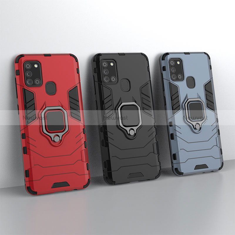 Silicone Matte Finish and Plastic Back Cover Case with Magnetic Finger Ring Stand KC2 for Samsung Galaxy A21s