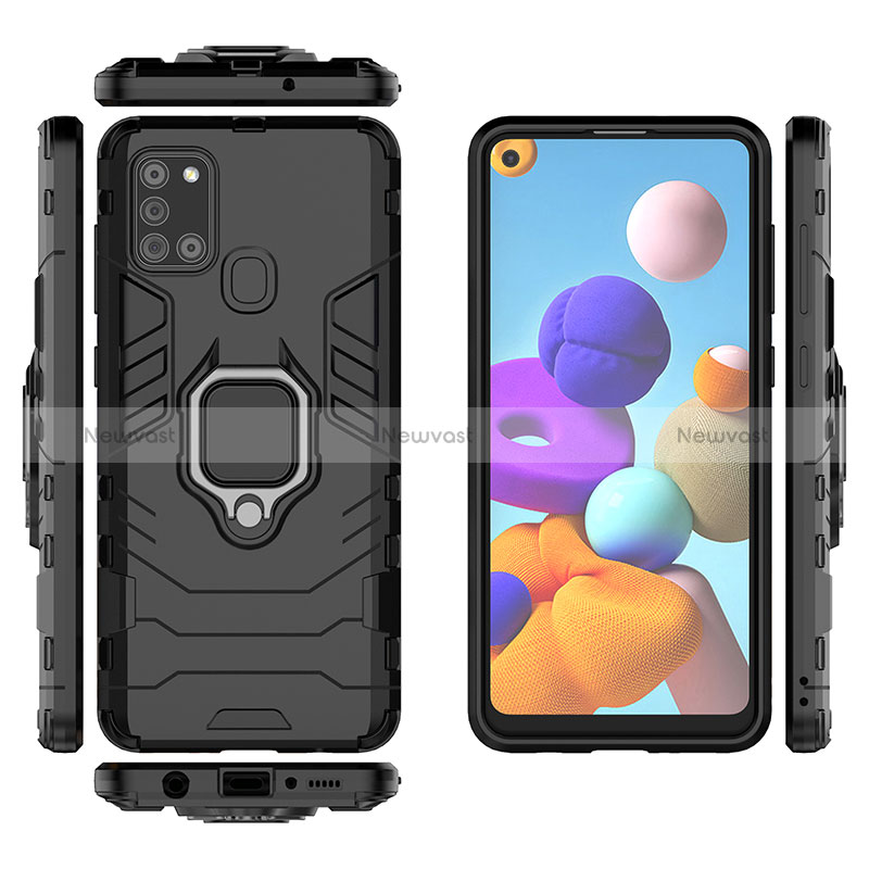 Silicone Matte Finish and Plastic Back Cover Case with Magnetic Finger Ring Stand KC2 for Samsung Galaxy A21s