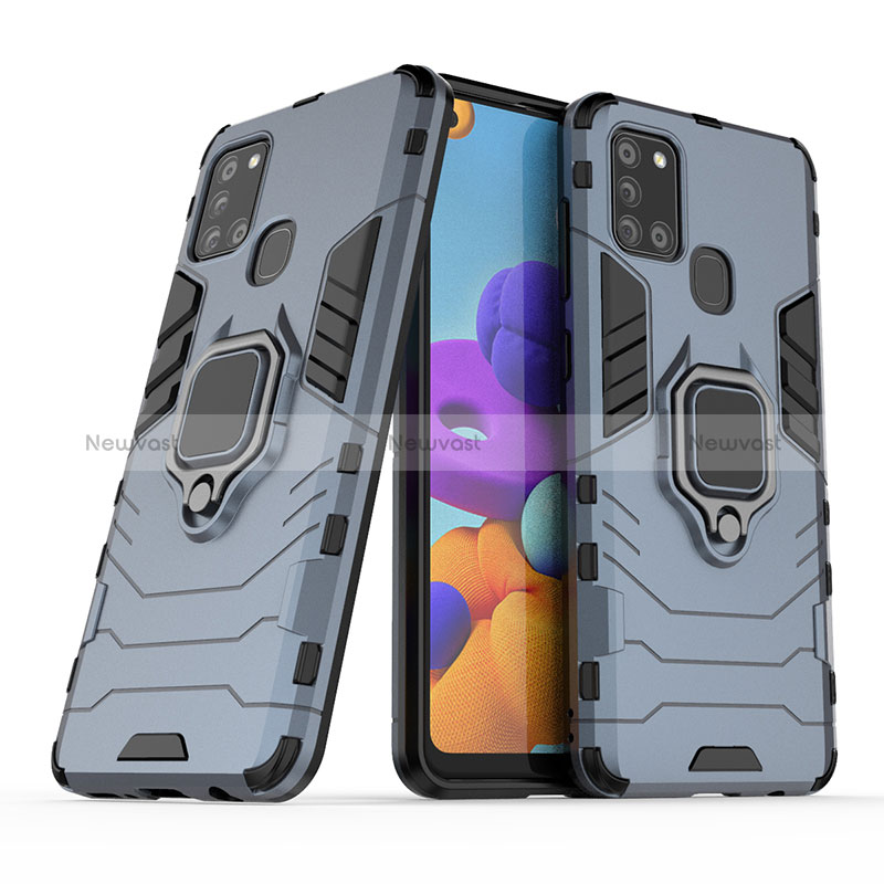 Silicone Matte Finish and Plastic Back Cover Case with Magnetic Finger Ring Stand KC2 for Samsung Galaxy A21s Blue