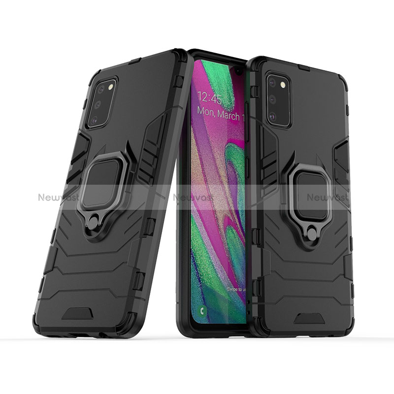 Silicone Matte Finish and Plastic Back Cover Case with Magnetic Finger Ring Stand KC2 for Samsung Galaxy A41 Black