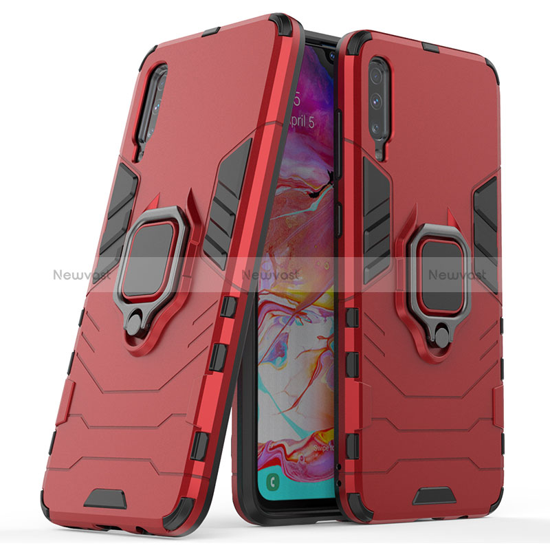 Silicone Matte Finish and Plastic Back Cover Case with Magnetic Finger Ring Stand KC2 for Samsung Galaxy A70 Red