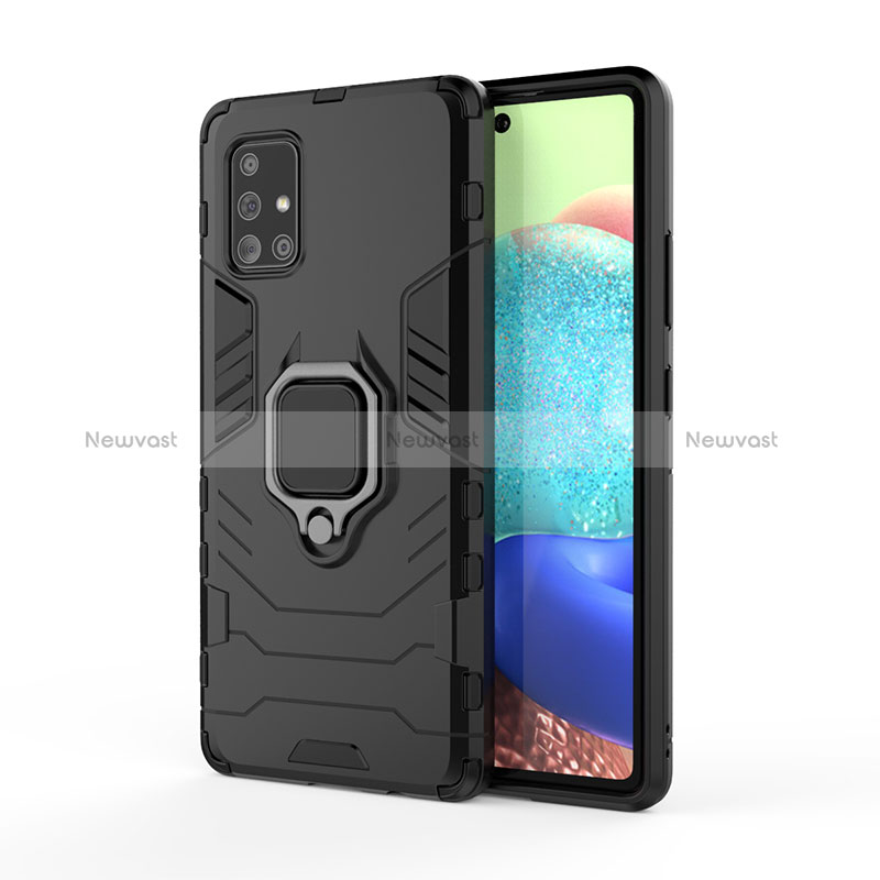 Silicone Matte Finish and Plastic Back Cover Case with Magnetic Finger Ring Stand KC2 for Samsung Galaxy A71 5G Black