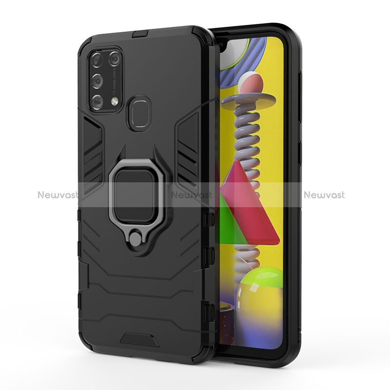 Silicone Matte Finish and Plastic Back Cover Case with Magnetic Finger Ring Stand KC2 for Samsung Galaxy M21s Black