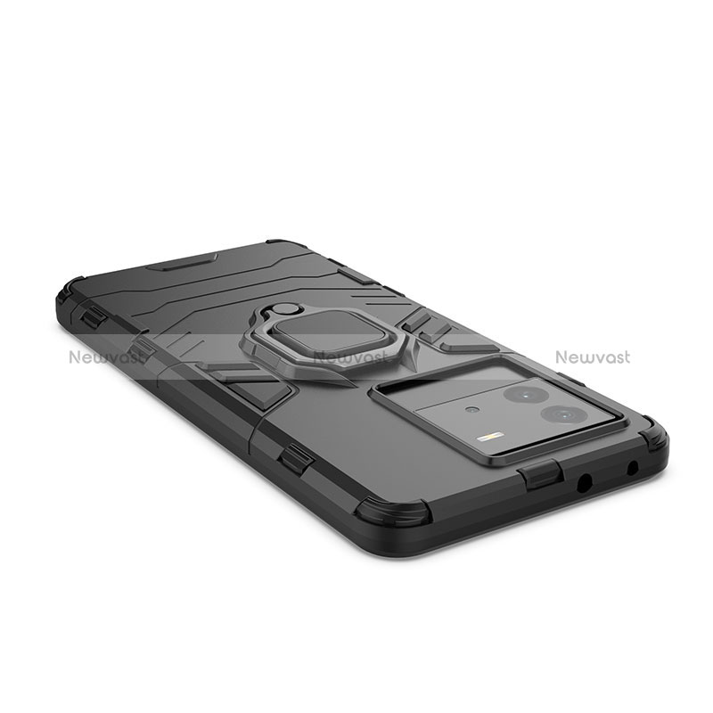 Silicone Matte Finish and Plastic Back Cover Case with Magnetic Finger Ring Stand KC2 for Vivo iQOO Neo6 SE 5G