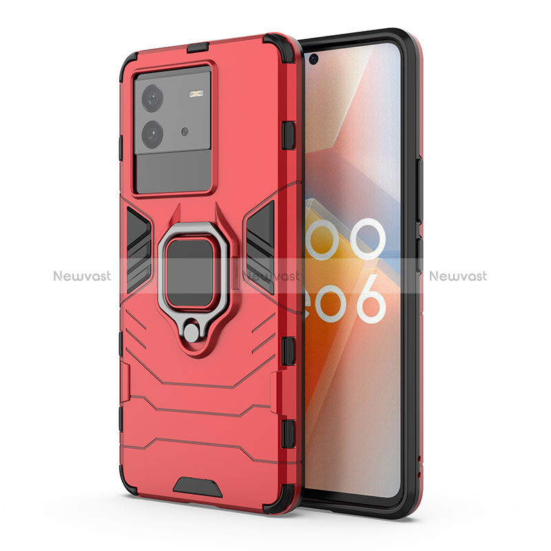 Silicone Matte Finish and Plastic Back Cover Case with Magnetic Finger Ring Stand KC2 for Vivo iQOO Neo6 SE 5G Red