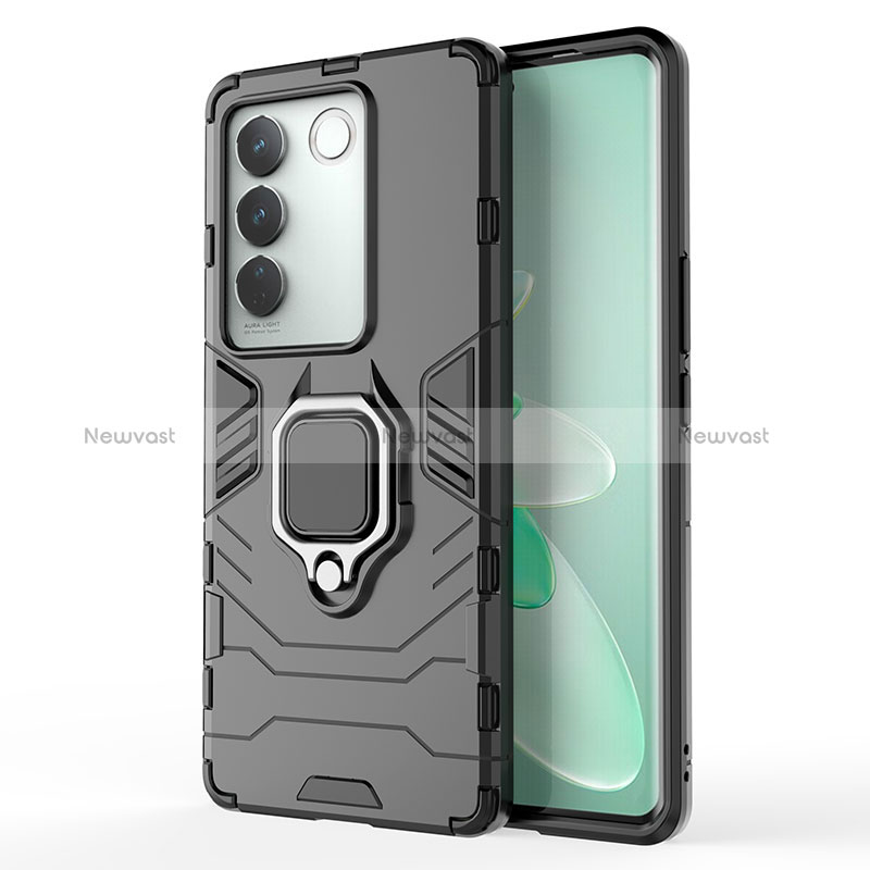 Silicone Matte Finish and Plastic Back Cover Case with Magnetic Finger Ring Stand KC2 for Vivo V27 Pro 5G