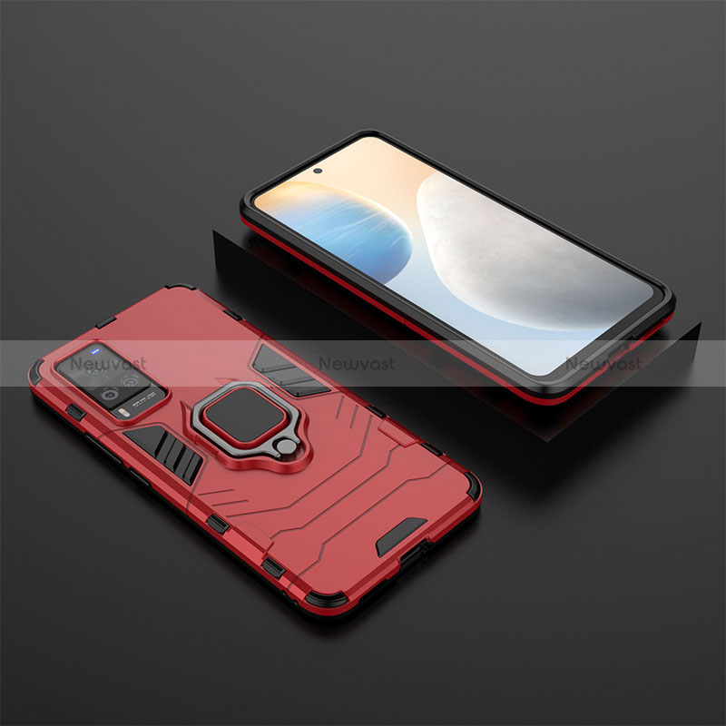 Silicone Matte Finish and Plastic Back Cover Case with Magnetic Finger Ring Stand KC2 for Vivo X60 Pro 5G