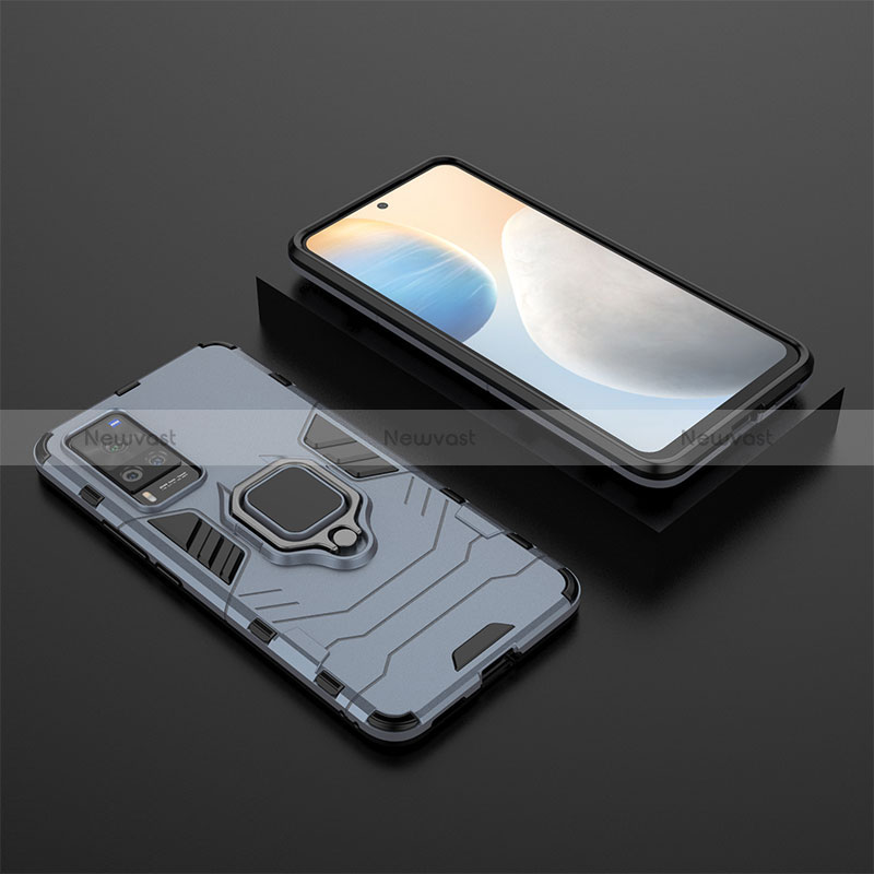 Silicone Matte Finish and Plastic Back Cover Case with Magnetic Finger Ring Stand KC2 for Vivo X60 Pro 5G