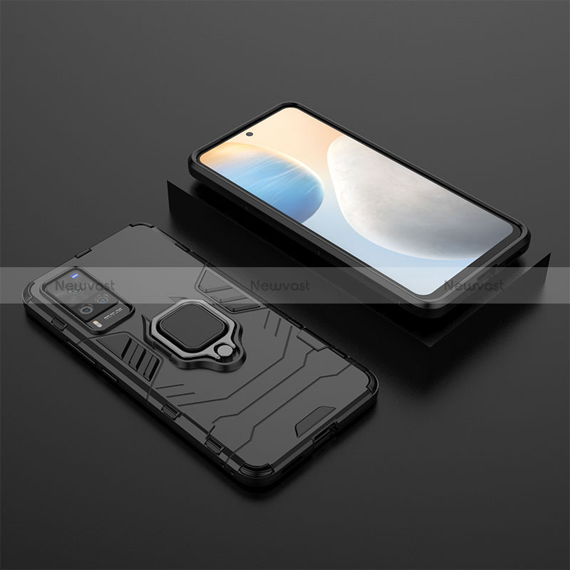Silicone Matte Finish and Plastic Back Cover Case with Magnetic Finger Ring Stand KC2 for Vivo X60 Pro 5G Black