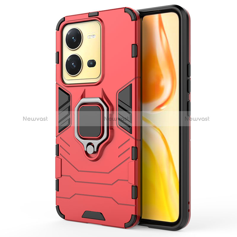 Silicone Matte Finish and Plastic Back Cover Case with Magnetic Finger Ring Stand KC2 for Vivo X80 Lite 5G